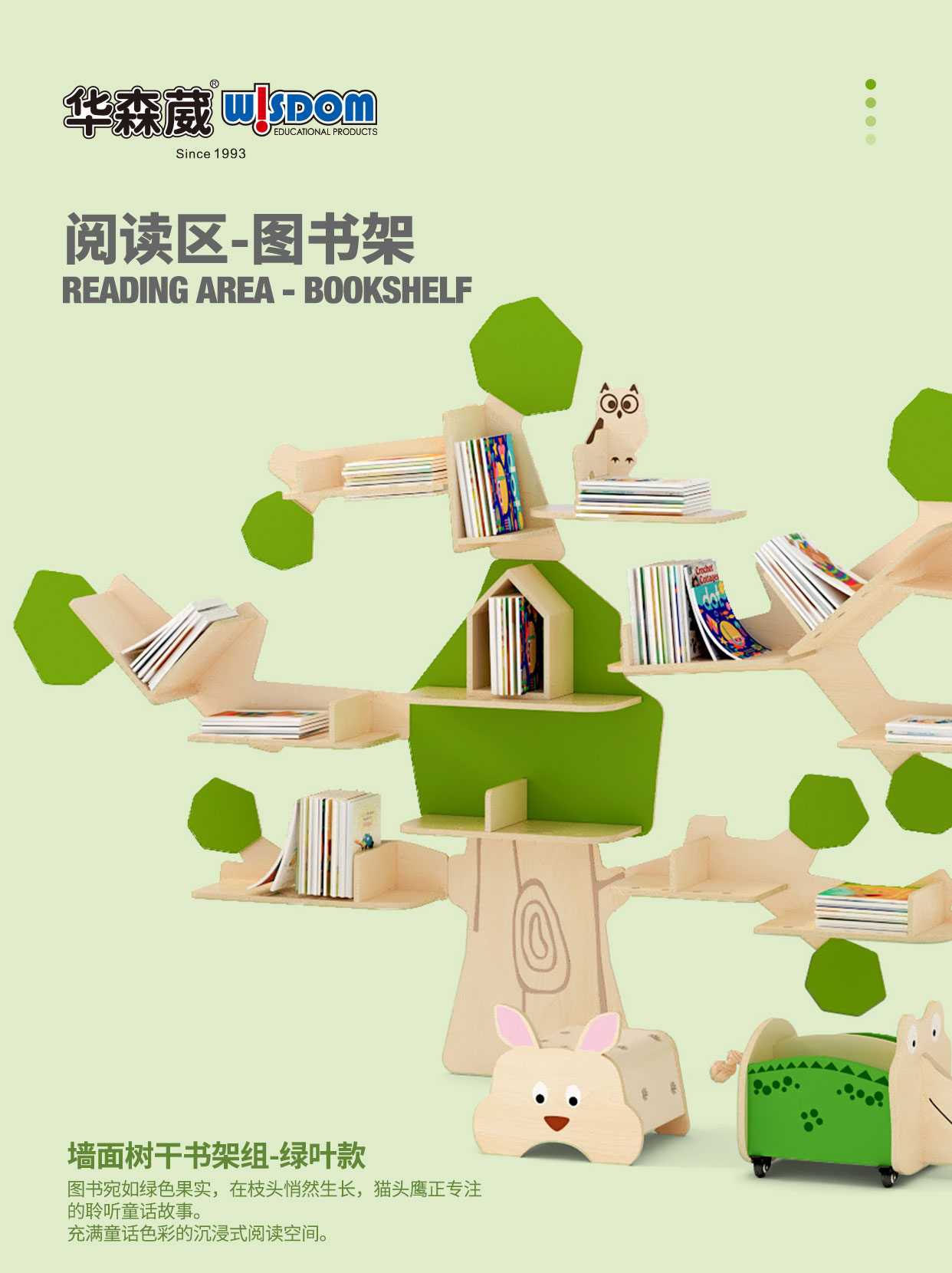 幼兒園閱讀區圖書架：墻面樹干書架組(綠葉款)